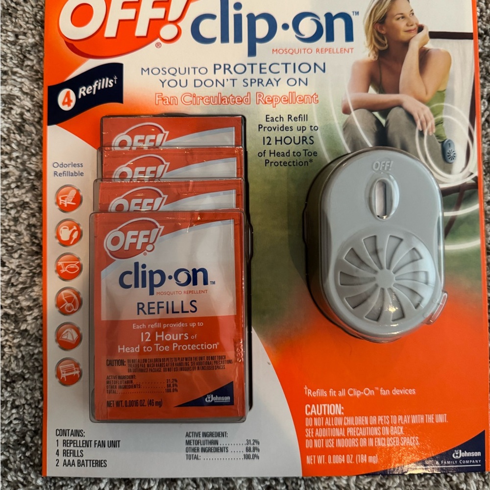 off clip on fan 4 repellent refills, and two AAA batteries  new in package